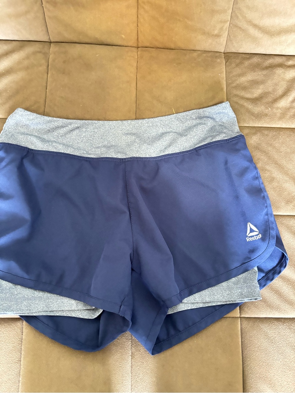 Reebok Women's Navy Blue Athletic Layered Shorts with Gray Waistband